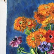Anemones and marigolds, oil on canvas signed Gisèle Renaut.