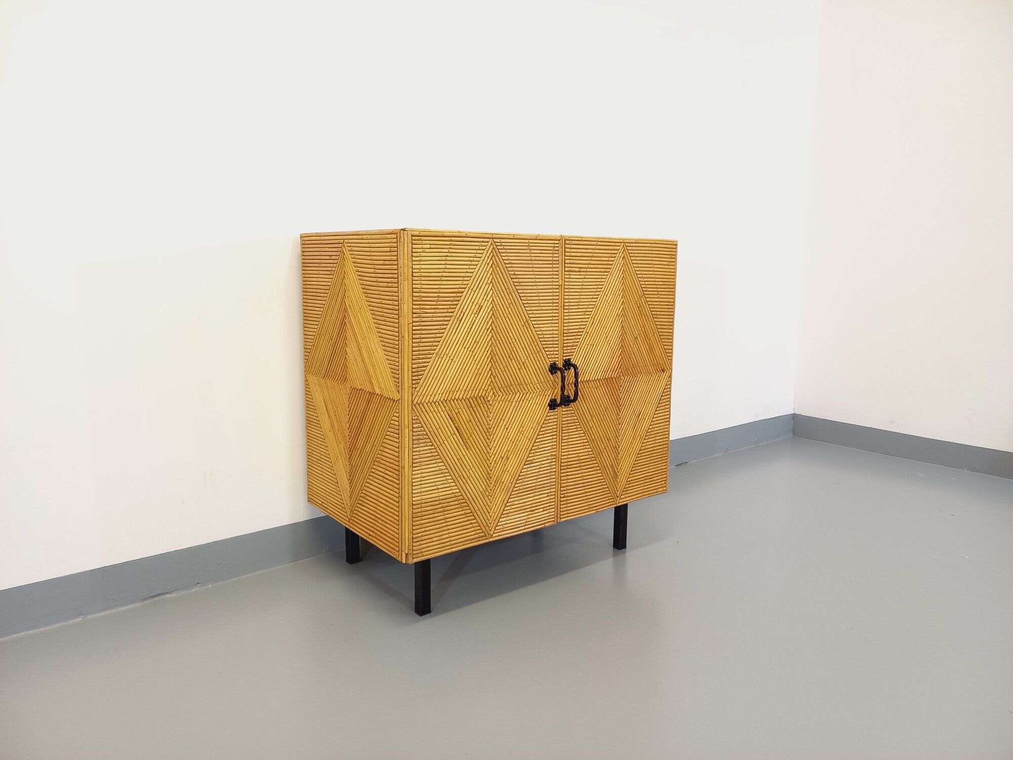 Vintage rattan, wood and metal storage cabinet from the 60s