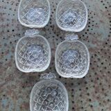 5 vintage transparent molded glass pineapple cups