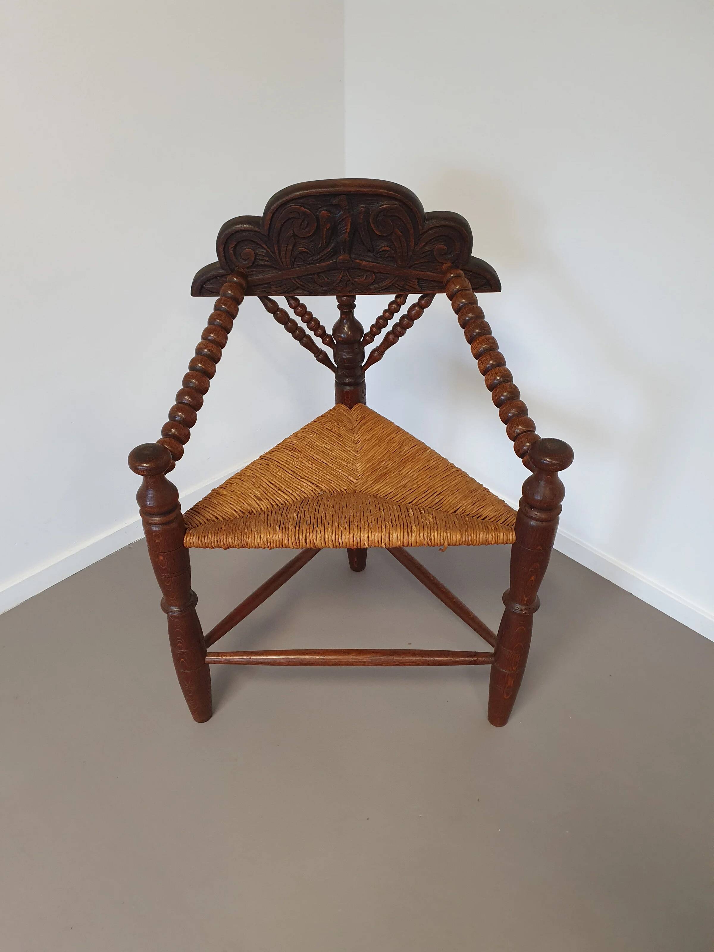 Dutch triangular turned wood corner chair rush seat knitting armchair
