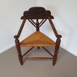 Dutch triangular turned wood corner chair rush seat knitting armchair