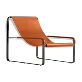 Contemporary Minimalist Chaise Longue in Black Steel and Natural Tobacco Leather