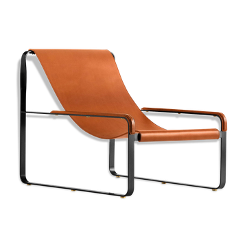 Fauteuil contemporain en métal argenté et cuir marron