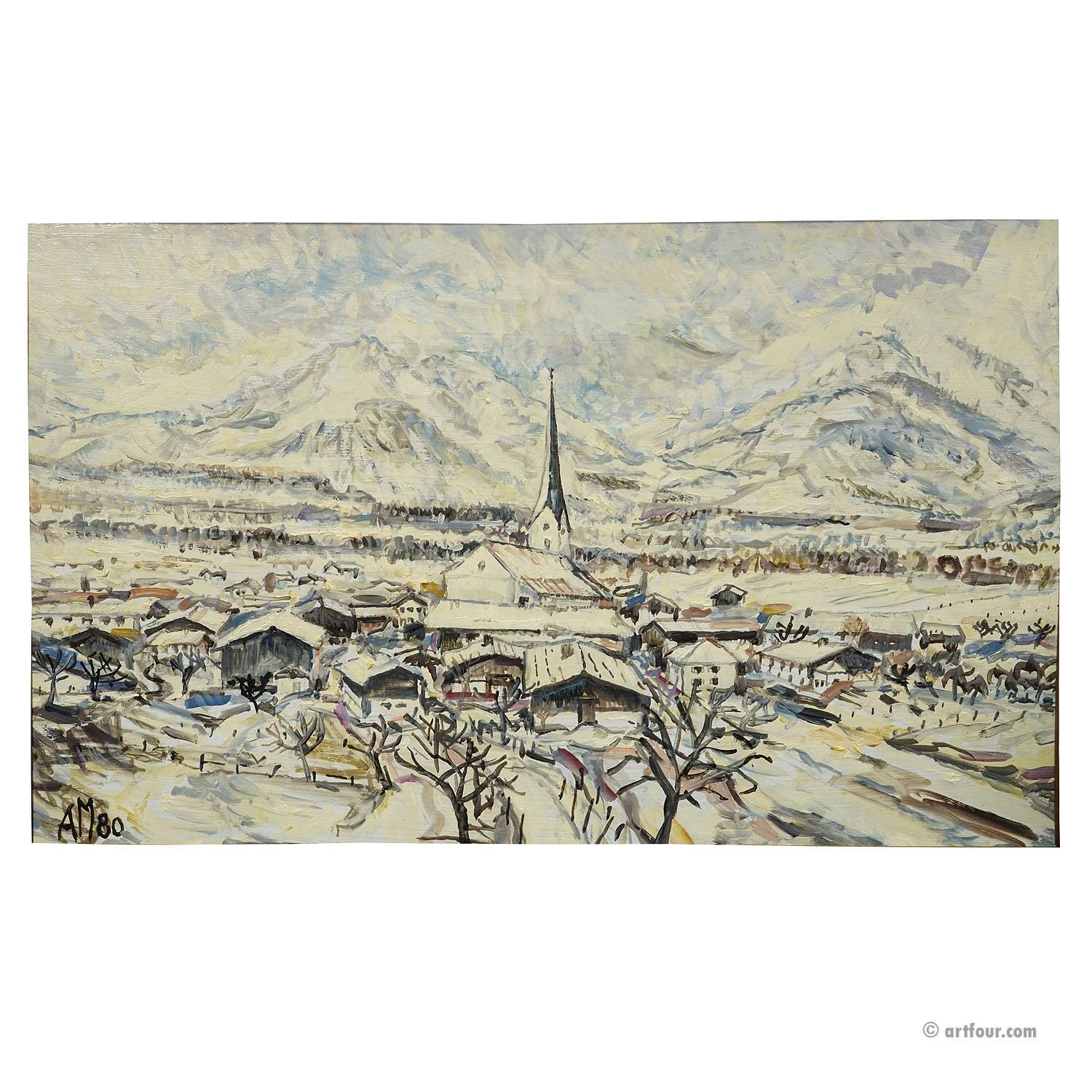 Oil painting by Alexander Michael of Bergen in winter 1980.
