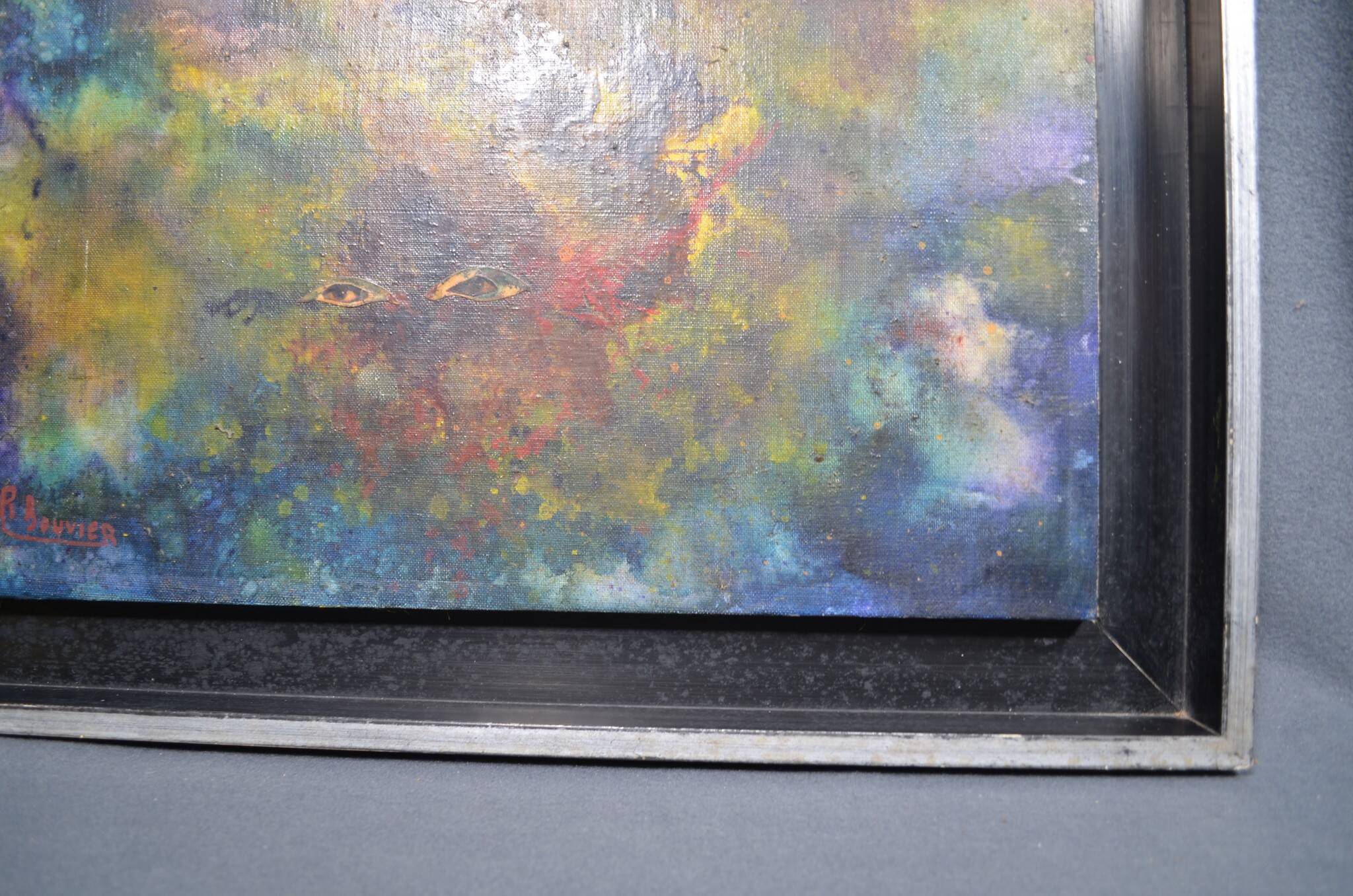 R. Bouvier (20th century) Surrealist composition Signed mounted canvas