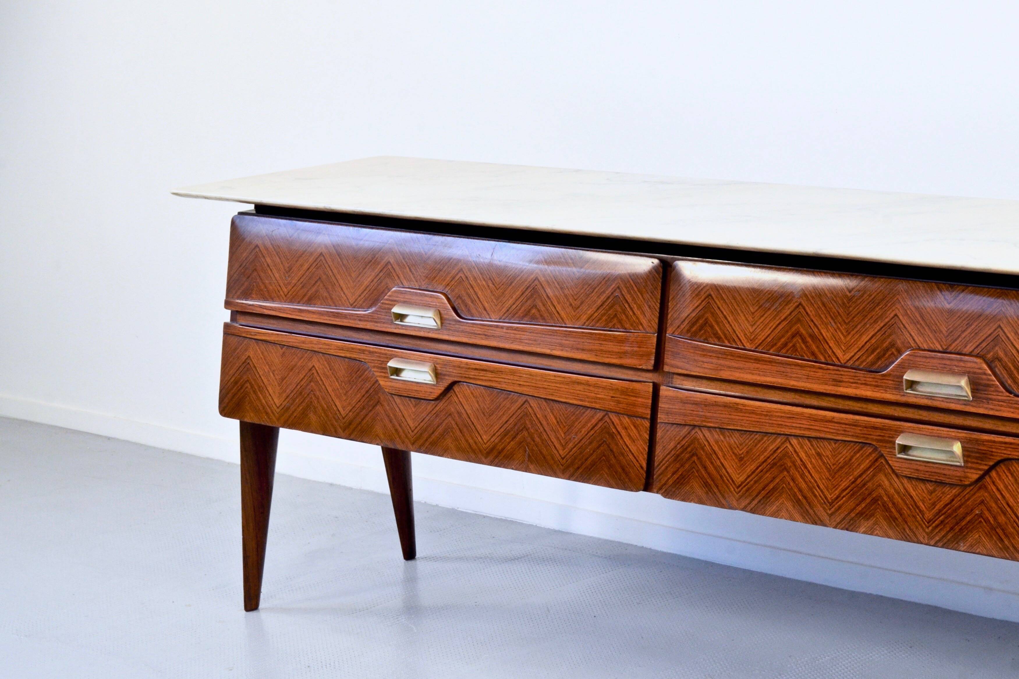 Italian Midcentury Sideboard in Rosewood, Carrara Marble and Brass