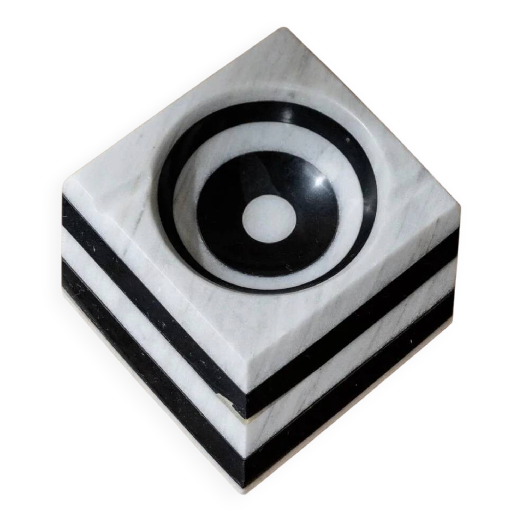 Cendrier vintage en marbre - illusion d’optique rayée noir et blanc - Art déco Italie années 1930