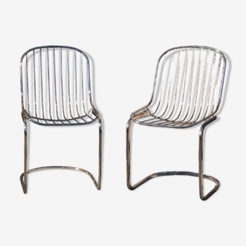 Paire de chaises filaires métal chromé des années 70 goût Rinaldi