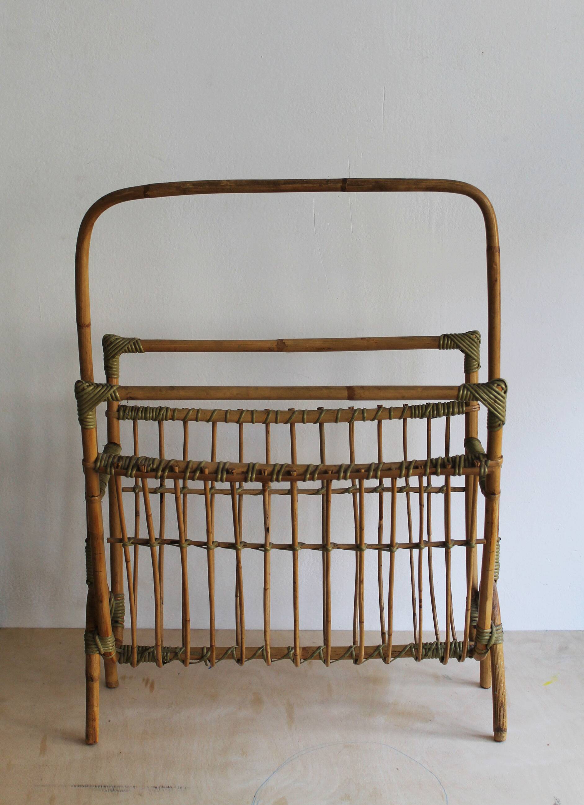 1960s Czechoslovak Rattan Magazine Rack with Tall Handle
