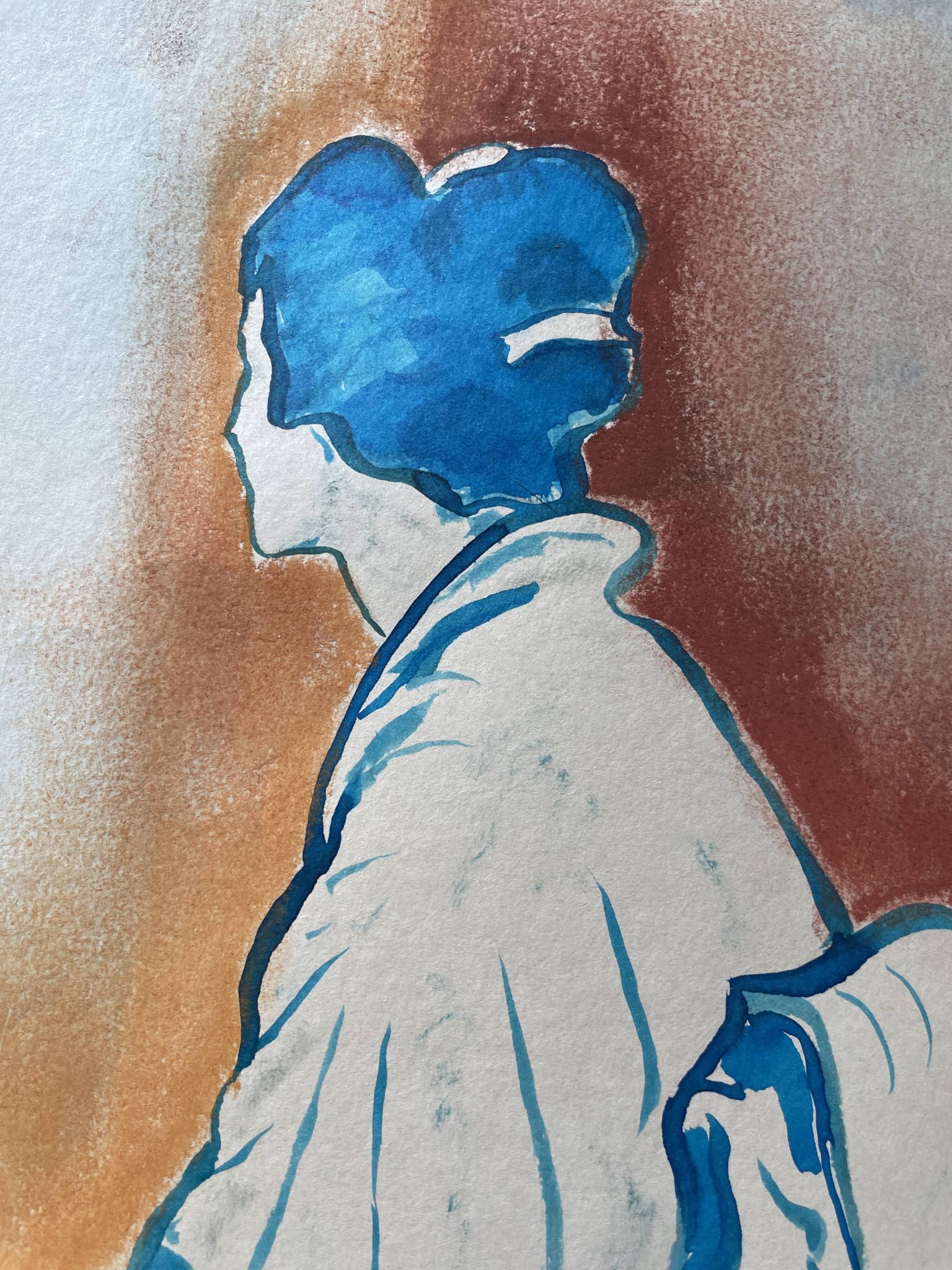 Signed painting pastel and Indian ink female portrait Japan “geisha blue”