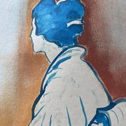 Signed painting pastel and Indian ink female portrait Japan “geisha blue”