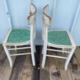 Pair of antique luterma bistro chairs in grey wood + green seat vintage