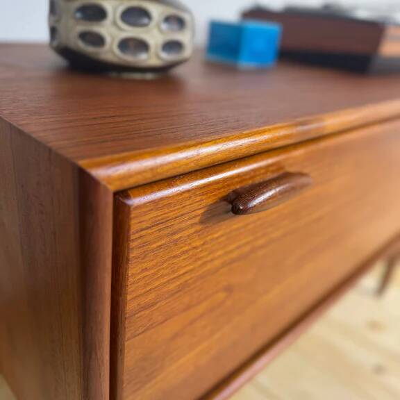Low vintage sideboard with drop-down door – Scandinavian design 1960s, teak and elegant details