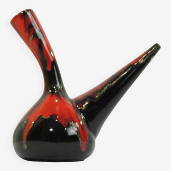 Glazed ceramic porron / Mid-century oil vase from Perpignan France black red and jau