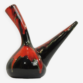 Porron en céramique émaillée /Vase à huile du milieu du siècle de Perpignan France noir rouge et jau