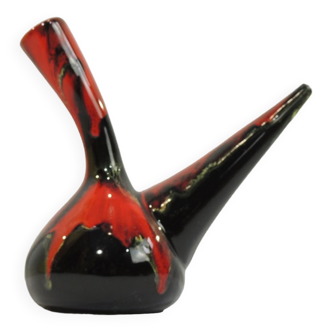 Glazed ceramic porron / Mid-century oil vase from Perpignan France black red and jau