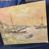Marine - fishing port at dusk. Signed C.Robert