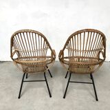 Pair of vintage rattan and bamboo shell chairs 1960s