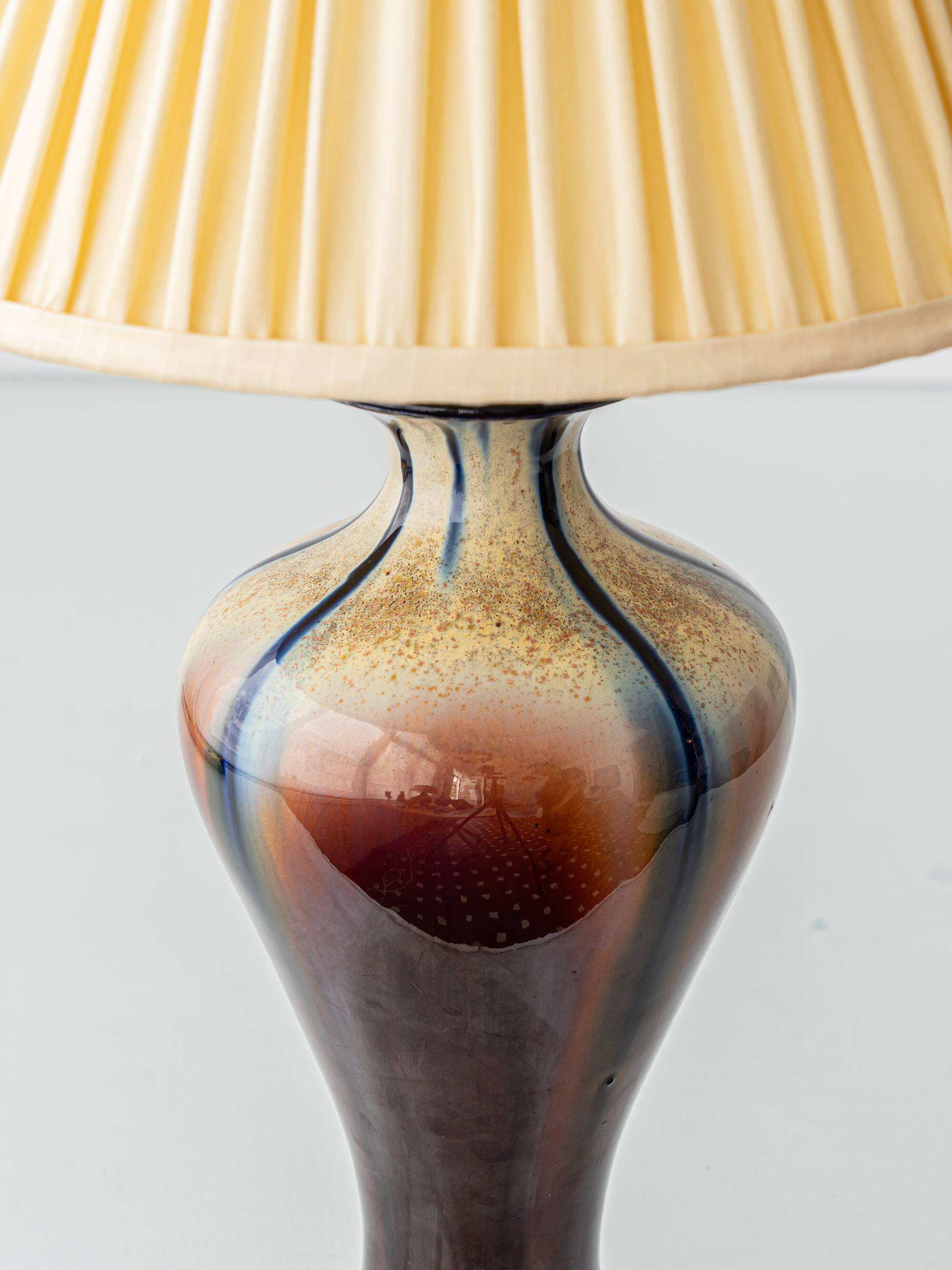 Belgian Art Deco Ceramic Table Lamps, Pair, Flambé Drip Glaze, New Silk Shades
