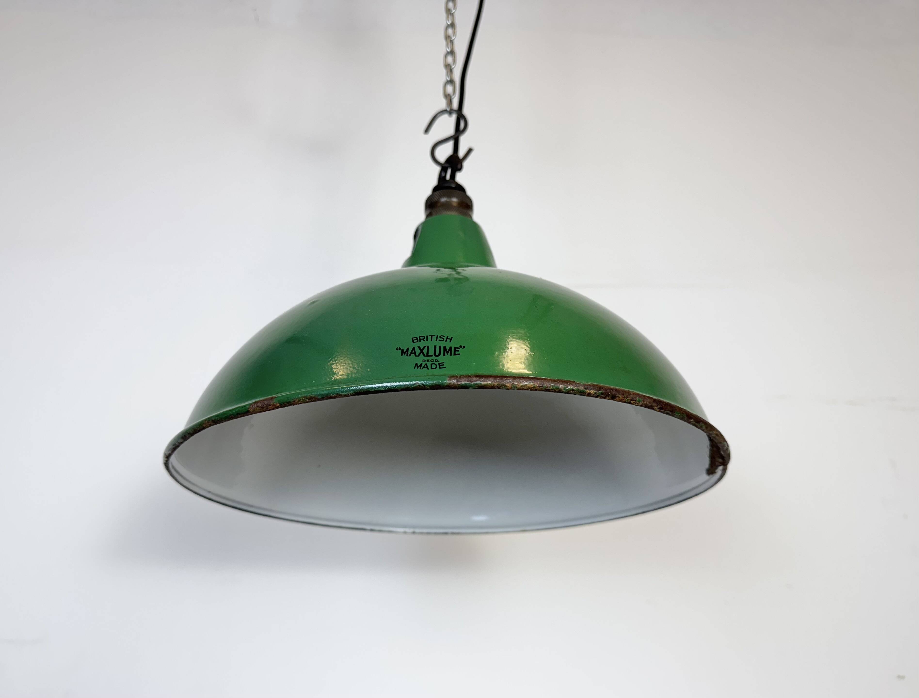 Industrial British Green Enamel Factory Pendant Lamp from Maxlume, 1960s