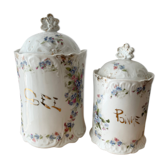 2 porcelain spice jars decorated