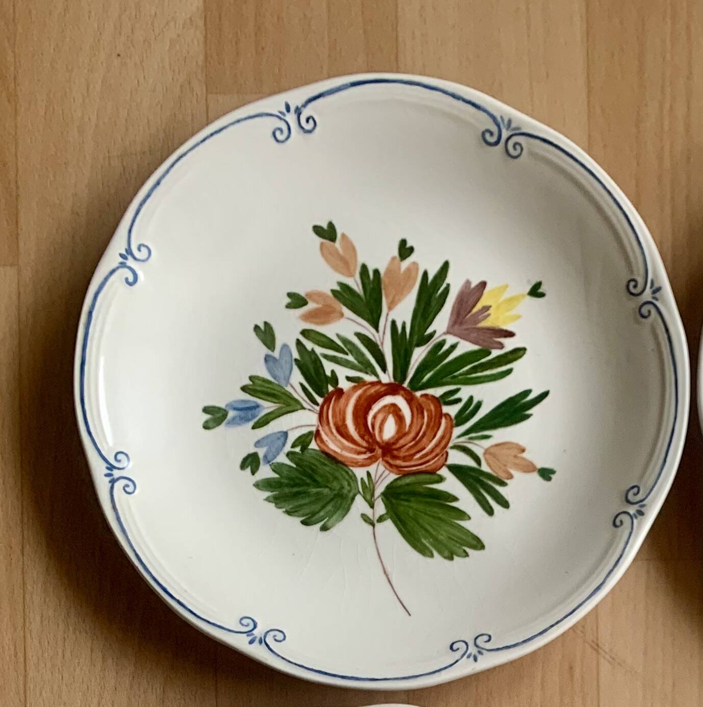 Gien Vintage Plate with Floral Pattern and Blue Border