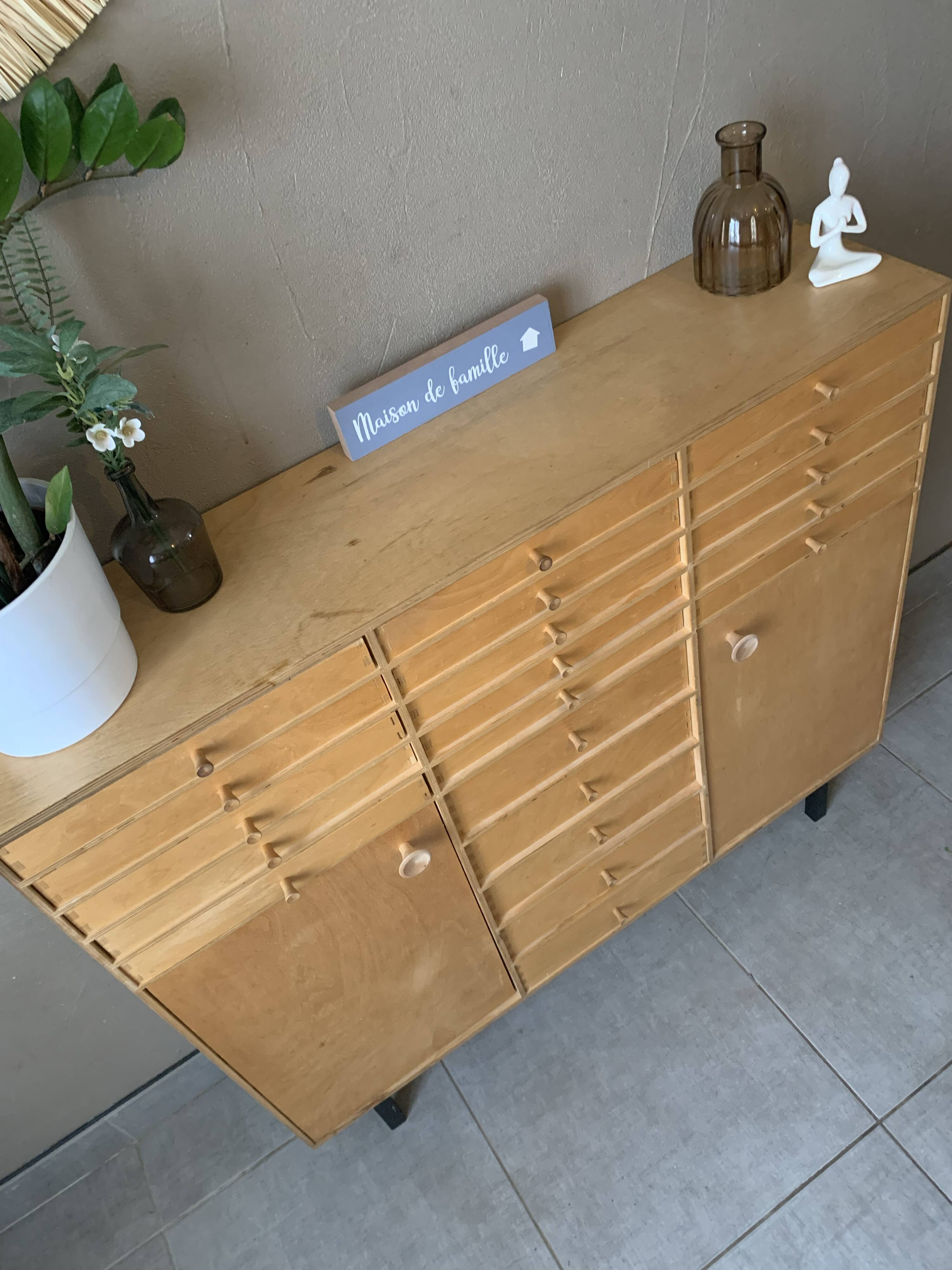 Vintage 20-drawer craft cabinet, 1960s in raw wood