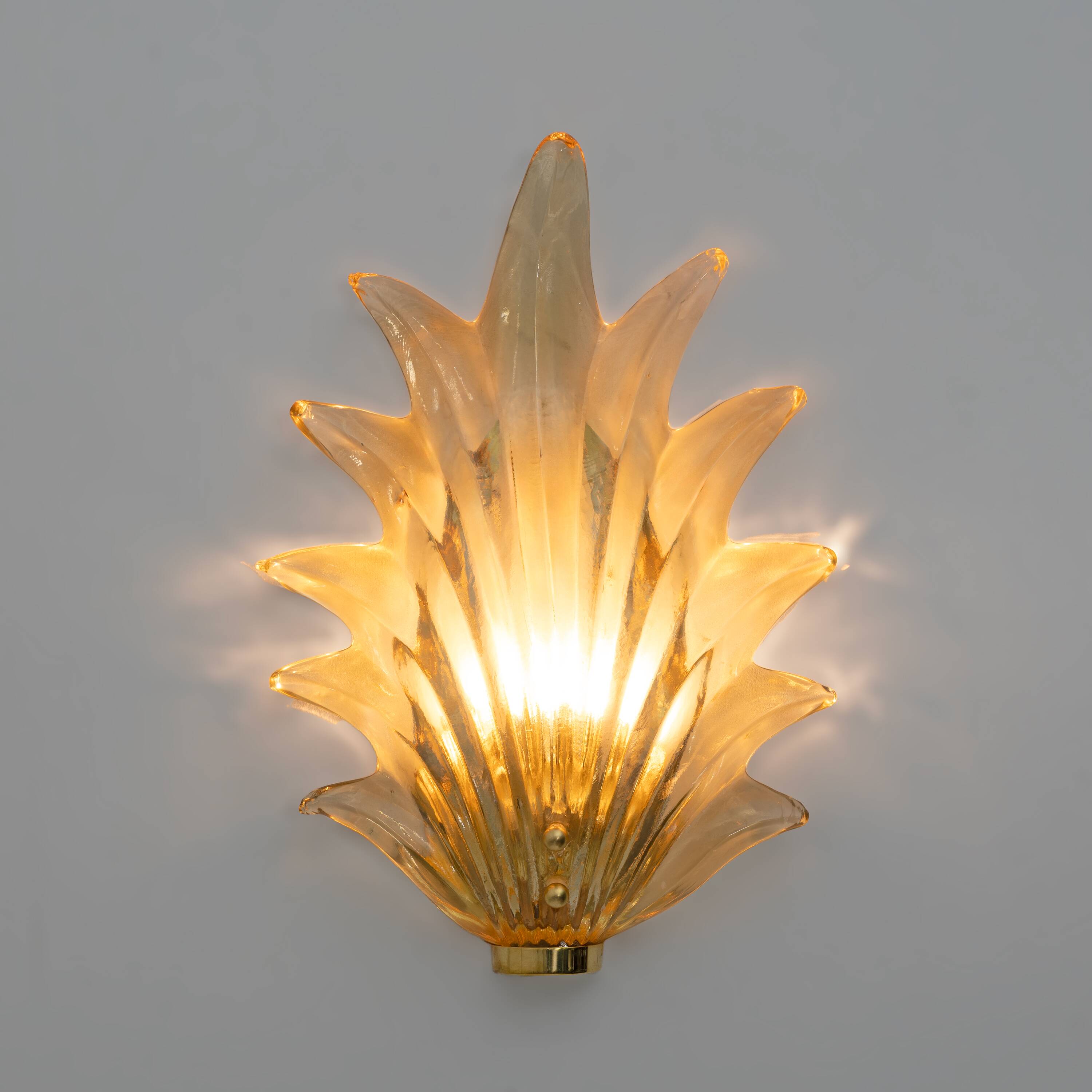 Pair Barovier & Toso Style Modern Italian Murano Glass Leaf Sconces