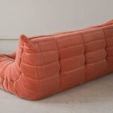 Coral corduroy Togo three-seat sofa by Michel Ducaroy for Ligne Roset