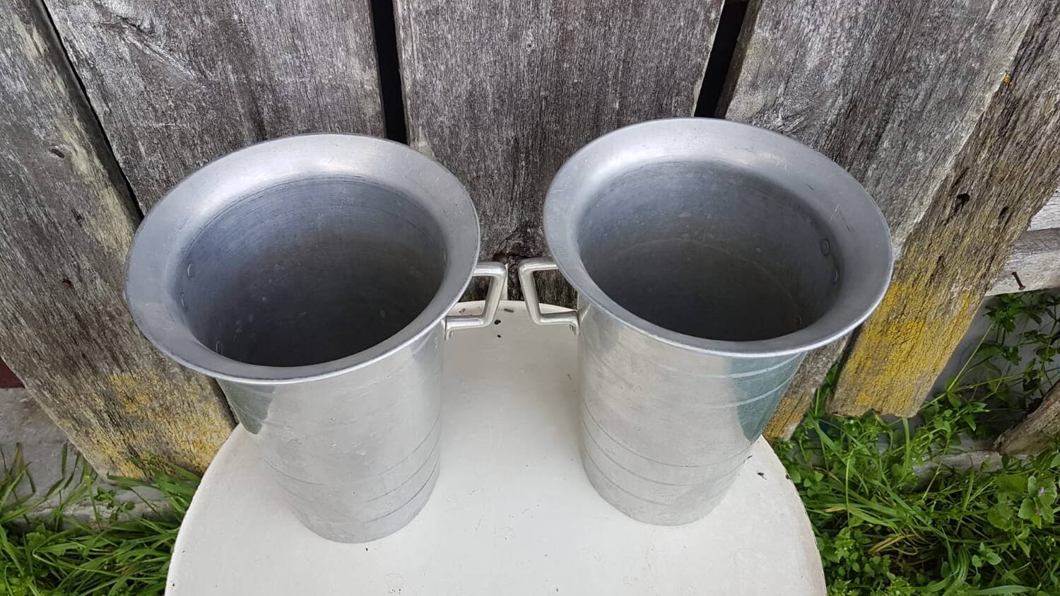 Old pair of aluminum champagne buckets vintage kitchen utensil #a682