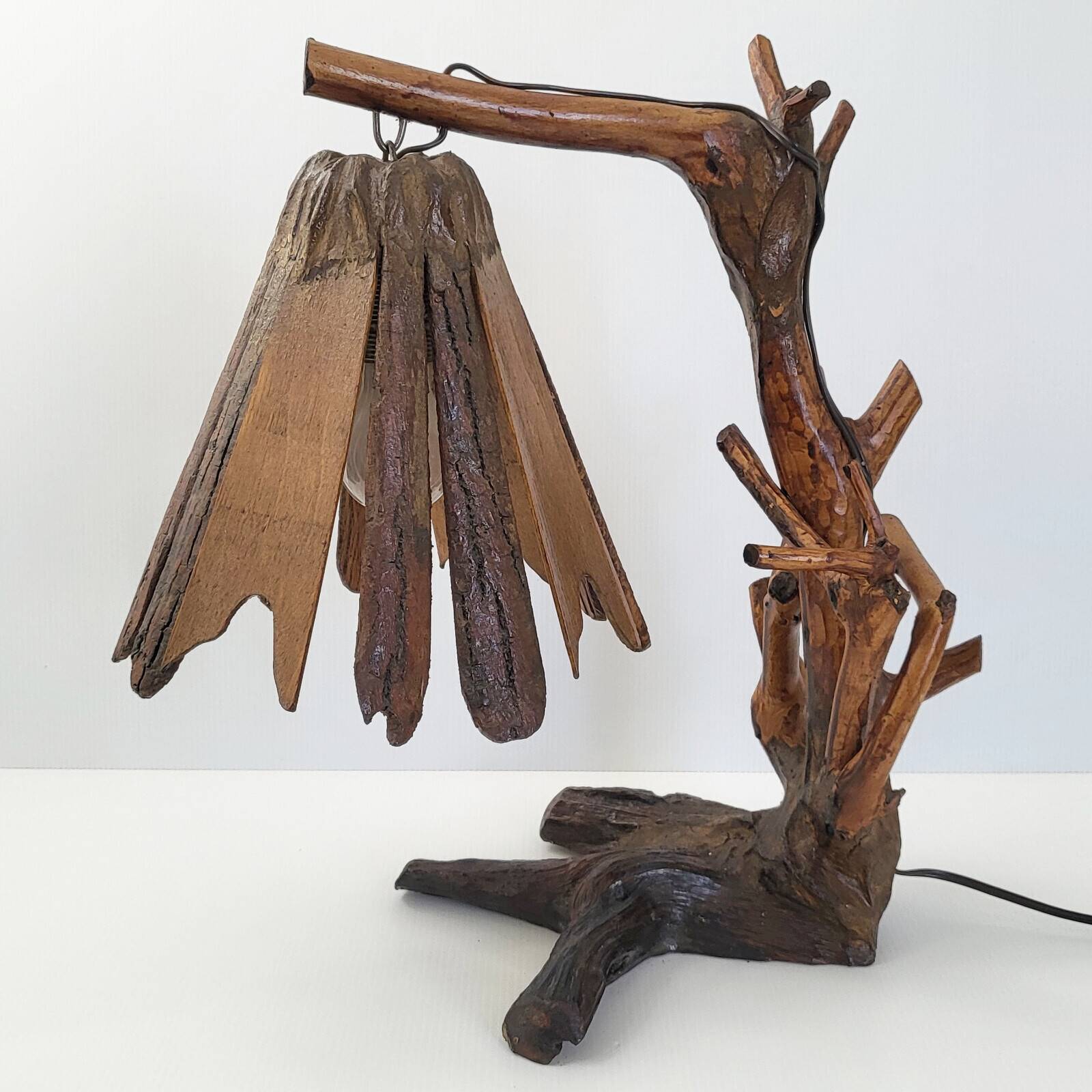 Vintage table lamp 1970s brutalist organic vegetal sculpted wood 70s