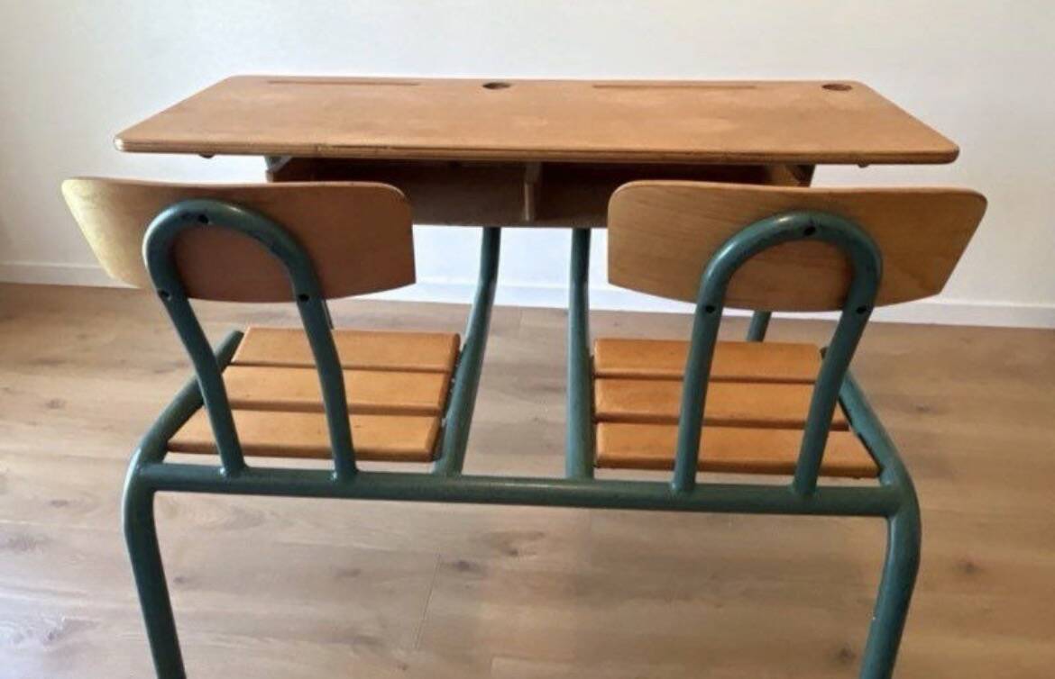 Vintage double school desk with 2 inkwells.