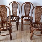 Set of 4 rattan / bamboo chairs and canning with cushions 50-60s