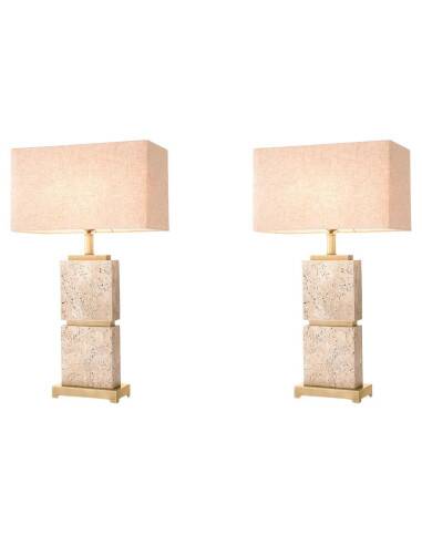 Pair of travertine and patinated brass table lamps, perfect for contemporary interiors.