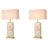 Pair of travertine and patinated brass table lamps, perfect for contemporary interiors.