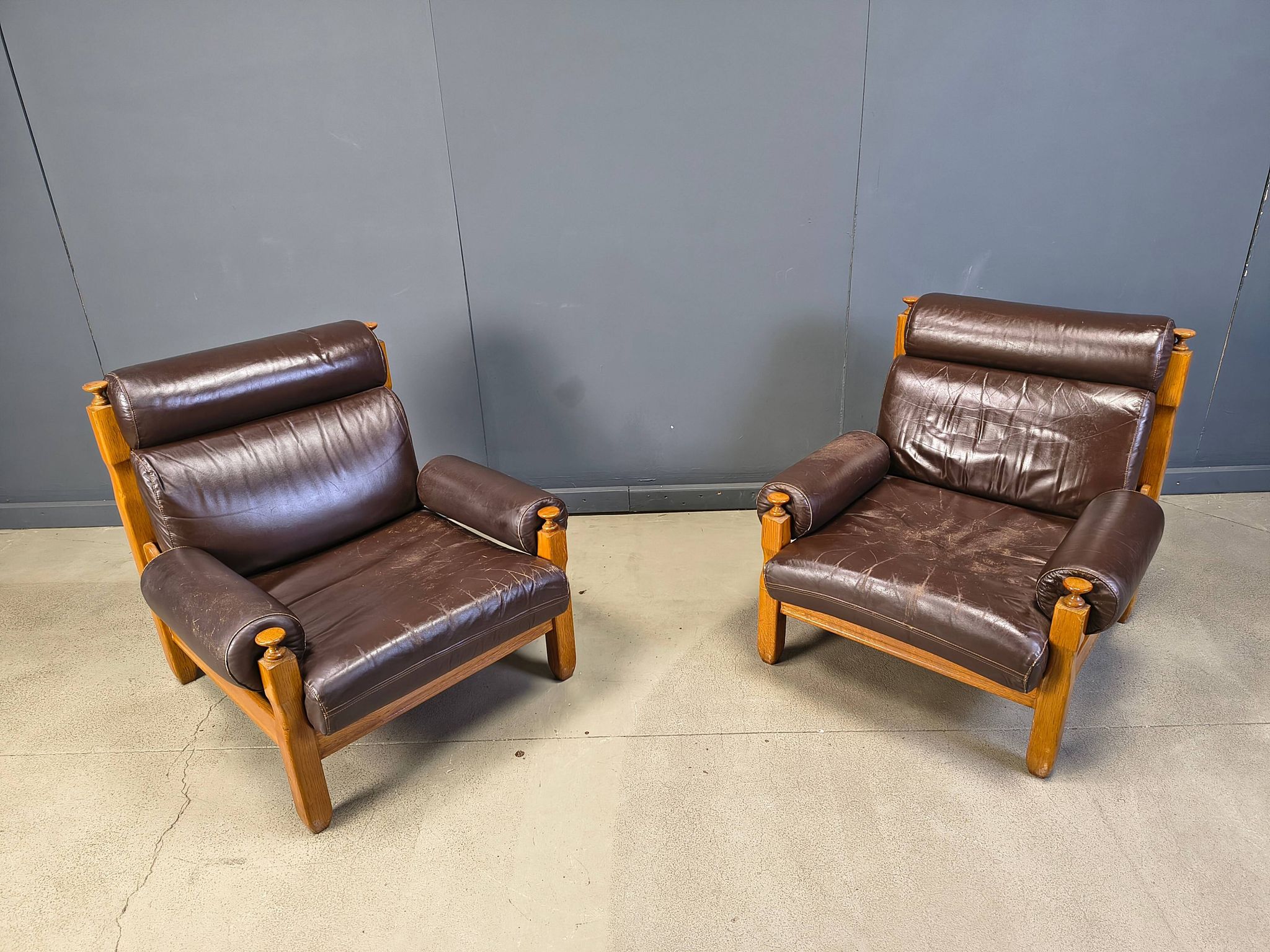 Vintage rustic brown leather and oak armchairs, 1960s - set of 2