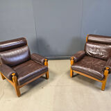 Vintage rustic brown leather and oak armchairs, 1960s - set of 2