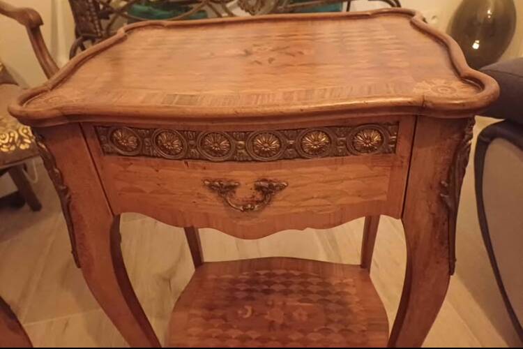 Pair of Louis XV style bedside tables with marquetry and bronze.