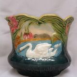 Cache-pot ancien barbotine décor aux cygnes pot à fleurs art nouveau