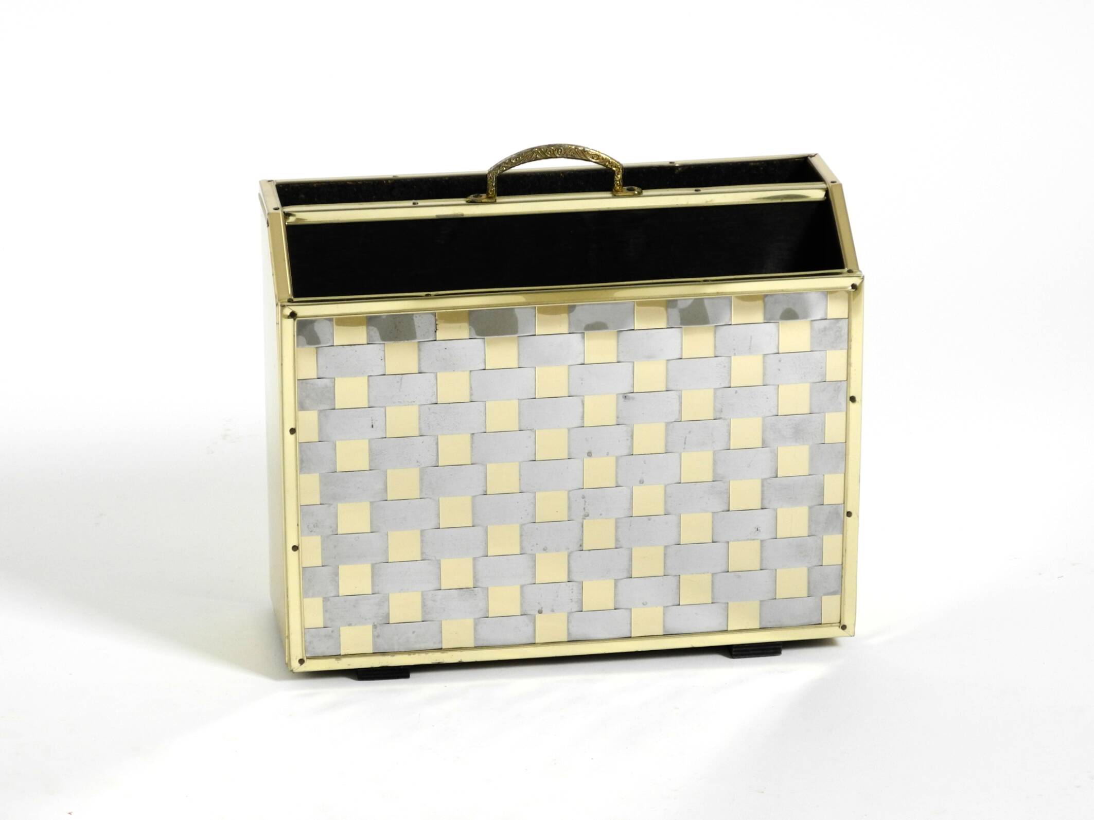 1980s newspaper rack made of brass and wood in Hollywood Regecy design