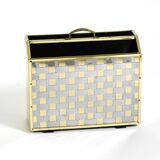 1980s newspaper rack made of brass and wood in Hollywood Regecy design