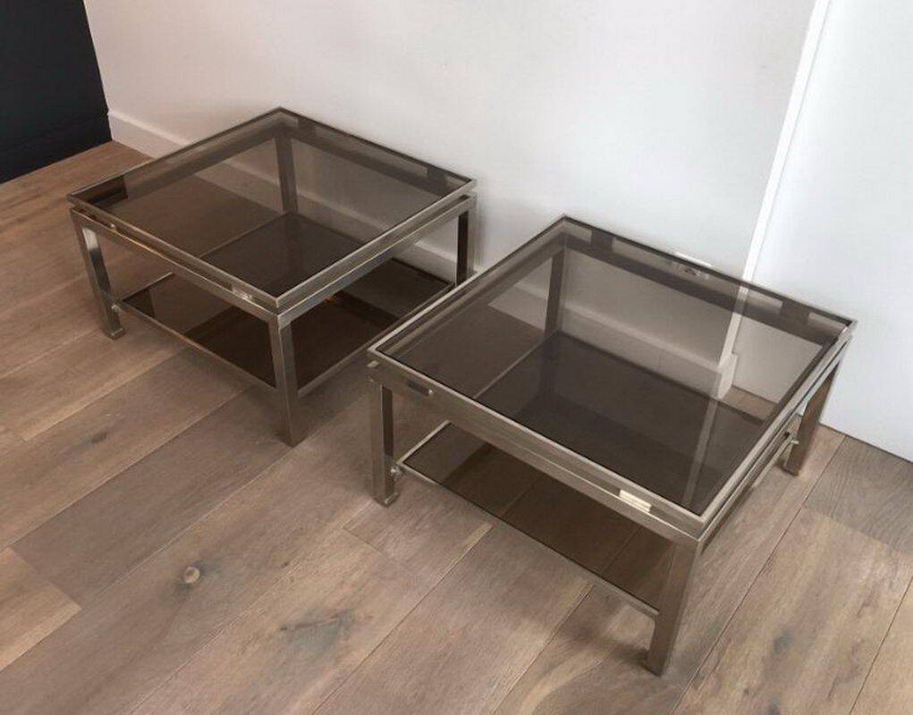 Pair of side tables in brushed steel. Guy Lefèvre for Maison Jansen