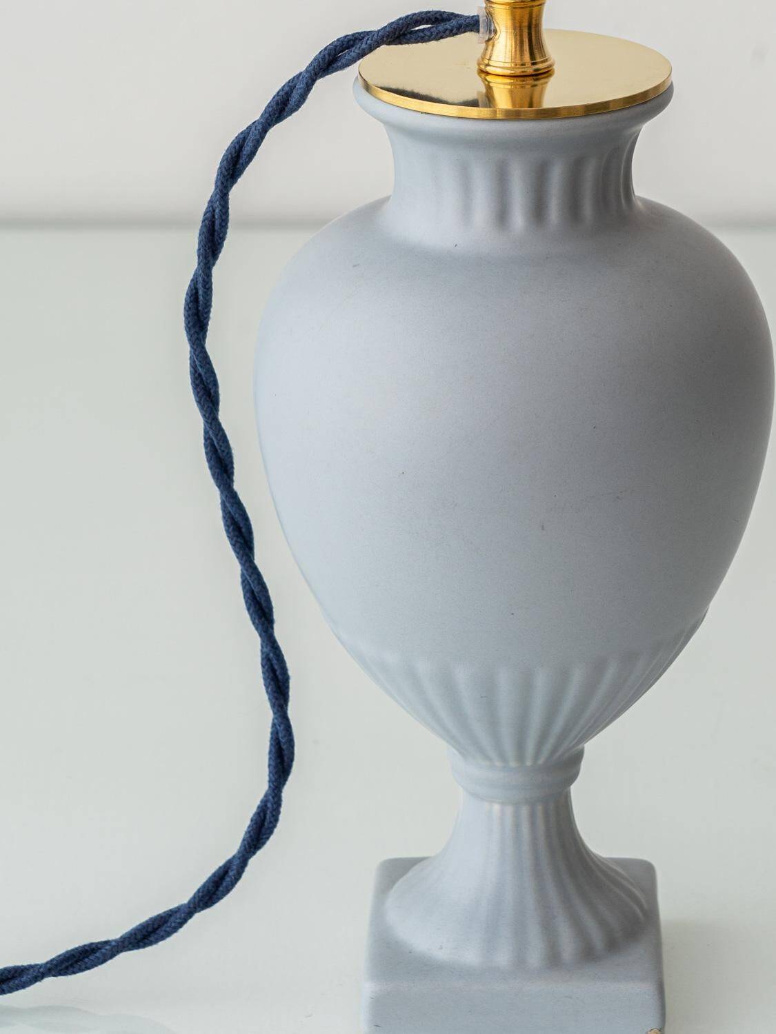 Neoclassical blue ceramic table lamp, pleated William Morris Acanthus shade.