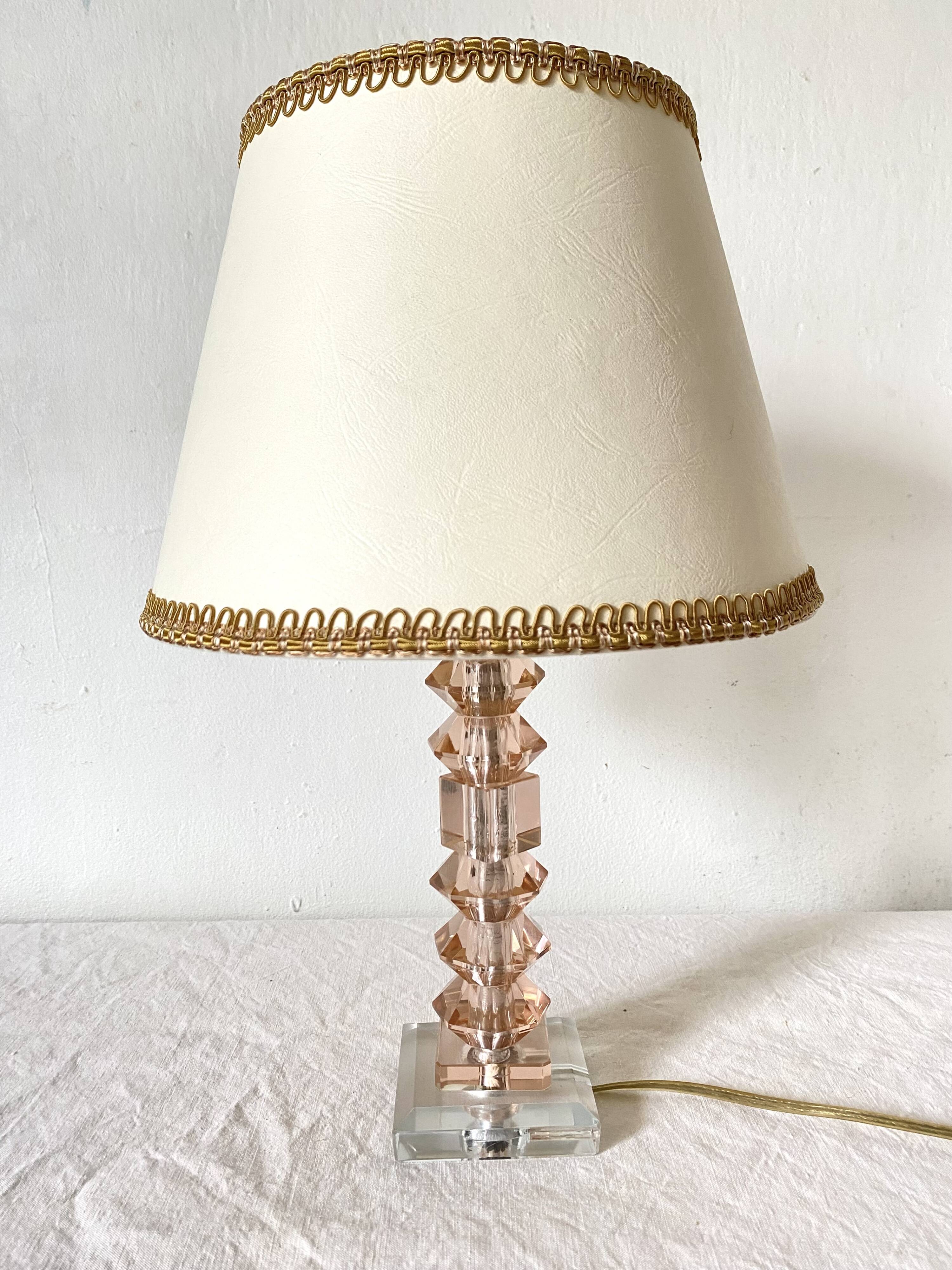 Pink glass and crystal lamp