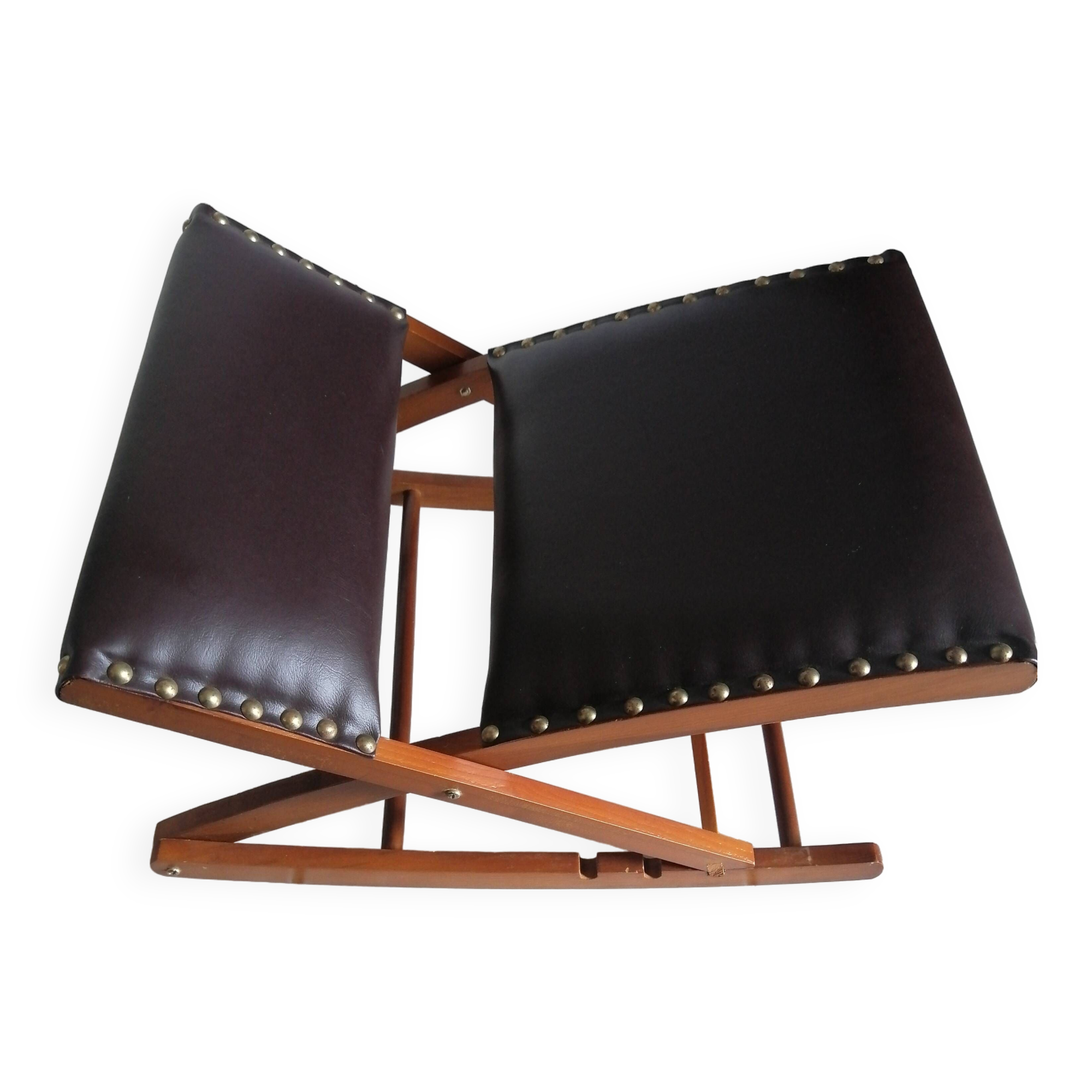Vintage rocking footrests in wood and faux leather