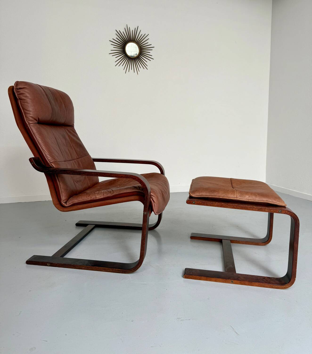 Yngve Ekström 70 Scandinavian design armchair with leather and wood ottoman