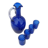 Ensemble à liqueur vintage en verre soufflé bleu cobalt