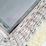 White rattan coffee table with glass top