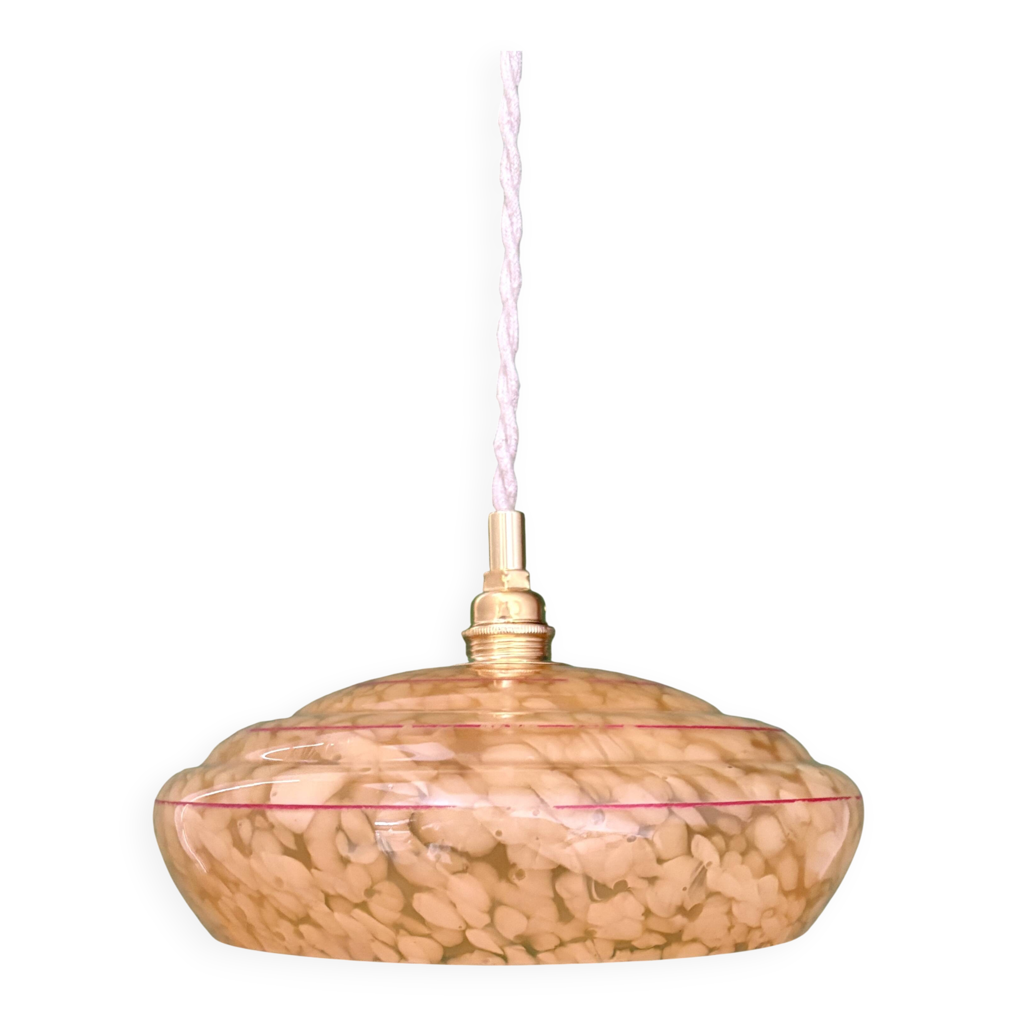 Vintage pendant lamp shade in yellow Clichy glass with red trim