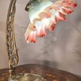 old art nouveau bronze lamp 30x25 with opalescent tulip red interior very rare